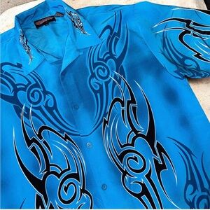 Sapphire Lounge Y2K Blue Tribal Button Up Shirt XL Cyber Goth Mall Goth Rave Art
